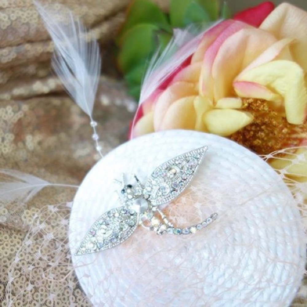 Dragonfly Bridal Fascinator w/ Veil & Feathers